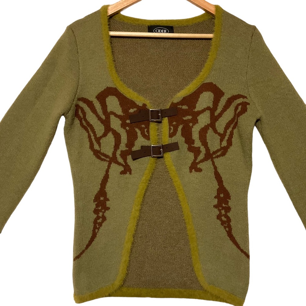 Cider Olive Green & Brown Buckle-Front Cardigan w/ Bell Sleeves - Picture 2 of 7